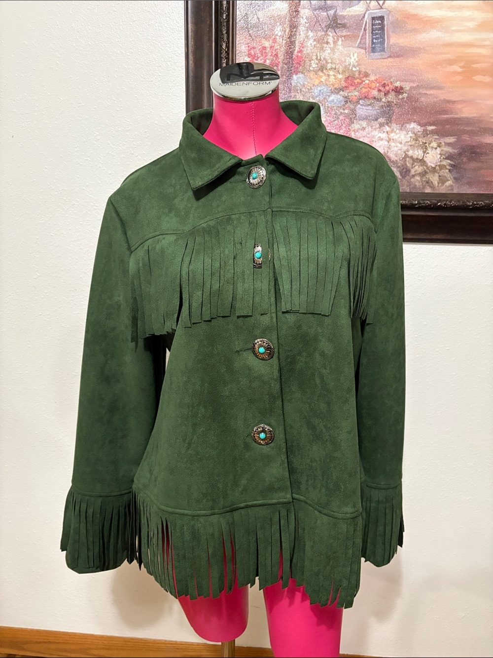 LIKE NEW! Sterling Kreek Faux Suede Western Fringe Jacket Green Women's Size XL